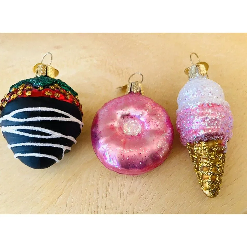 Dessert Set Of 3 Ornaments Gift Toppers Donut Strawberry Ice Cream Cone 2” High